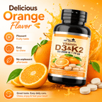 Tabletas masticables de Vitamina D3 + K2 – 120 tabletas – Sabor naranja – Suplemento alimenticio con Vitamina D3 y Vitamina K2 – Tabletas fáciles de masticar para adultos