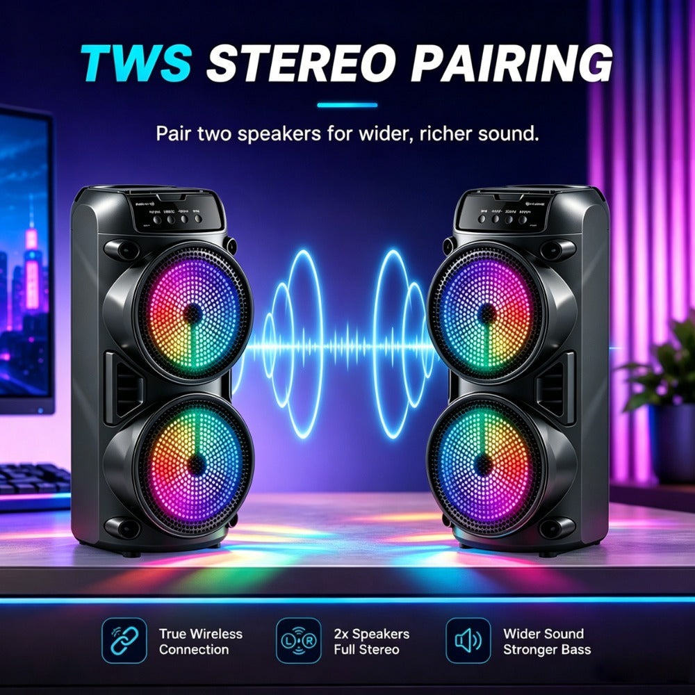 Altavoz Potente de 8000W, Caja de Karaoke Portátil con Luces RGB, Soporta Emparejamiento Estéreo TWS y Micrófono, Compatible con Tarjeta TF/USB MIC FM, Ideal para Fiestas, Exteriores, Camping, Pascua y Año Nuevo Chino
