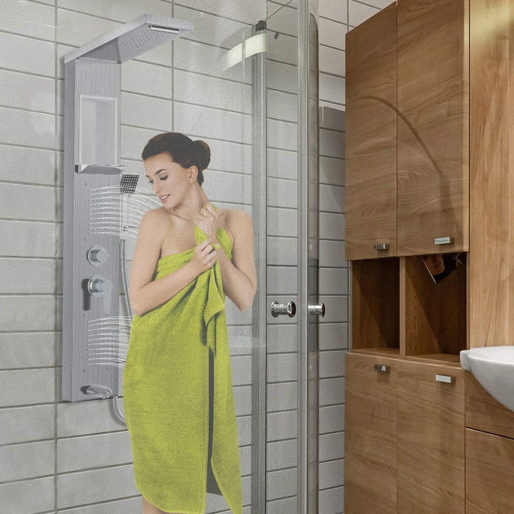 Panel de ducha con accesorios, sistema de ducha 5 en 1 con estante incorporado, juego de ducha multifuncional que incluye ducha de mano, ducha de masaje, ducha de cascada, accesorio de ducha de lluvia, juego de ducha de acero inoxidable 304