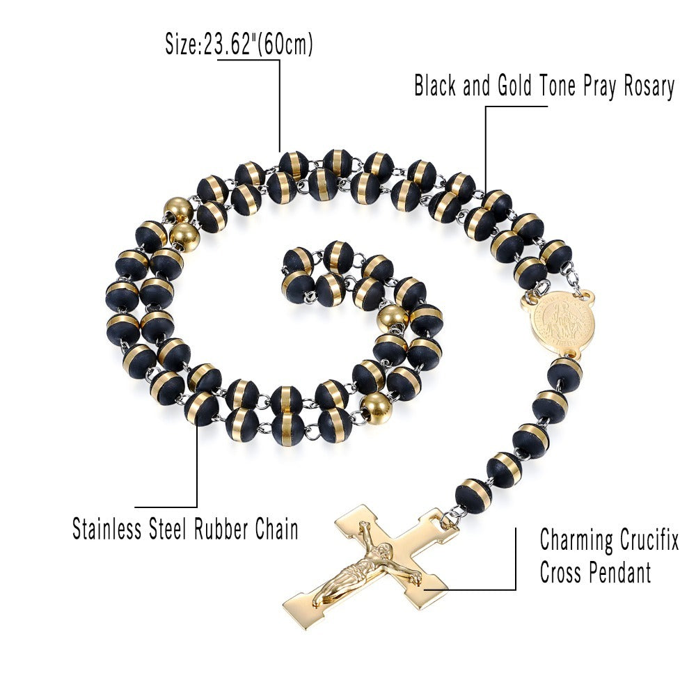 Collar de Rosario de 60 cm para Hombres y Mujeres con Colgante de Crucifijo Dorado de la Virgen María y Jesucristo - Cuentas Negras de Oración Religiosa, Cadena de Bolas para la Fe Católica, Uso Diario y Regalos de Navidad (Unisex)