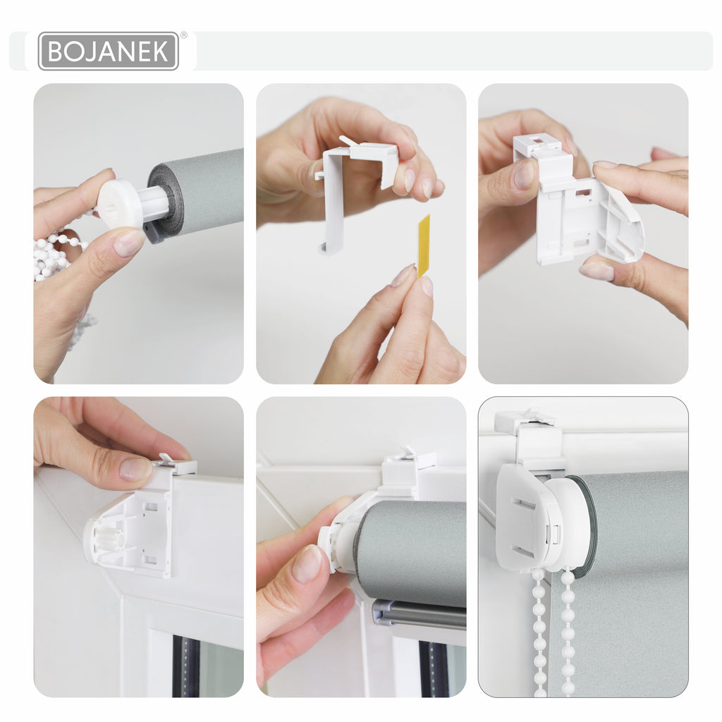 Persiana Enrollable para Ventana • BLANCA • 32 Tamaños • BOJANEK MINI ROLLER BLIND • Soportes Ajustables • Instalación sin Taladro en la Ventana • Persiana Enrollable con Mecanismo de Cadena • Cubierta de Ventana Protectora contra el Sol • Ideal para Saló