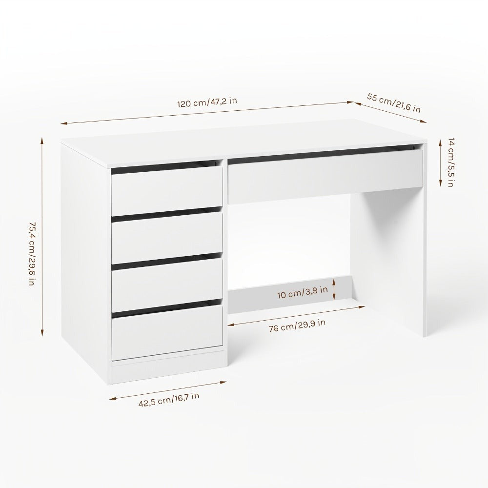 Tocador Sherry de 1 pieza, 120x55cm, tocador con 5 cajones sin espejo, escritorio para computadora con espacio de almacenamiento, mesa de oficina blanca