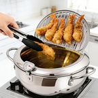 Olla freidora de acero inoxidable con tapa, sartén para freír profunda que ahorra aceite con termómetro, utilizada para freír papas fritas, alitas de pollo y camarones, compatible con estufas de gas y placas de inducción, utensilios de cocina | Suministro