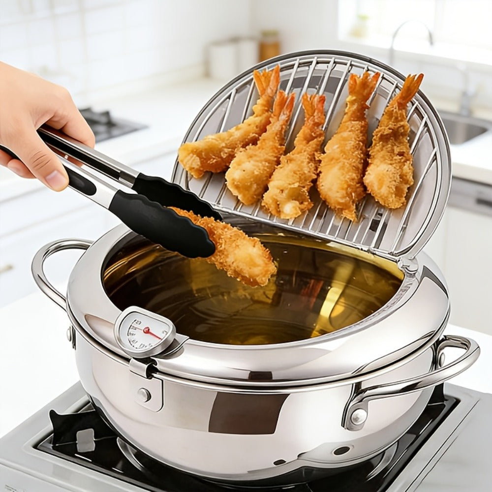 Olla freidora de acero inoxidable con tapa, sartén para freír profunda que ahorra aceite con termómetro, utilizada para freír papas fritas, alitas de pollo y camarones, compatible con estufas de gas y placas de inducción, utensilios de cocina | Suministro