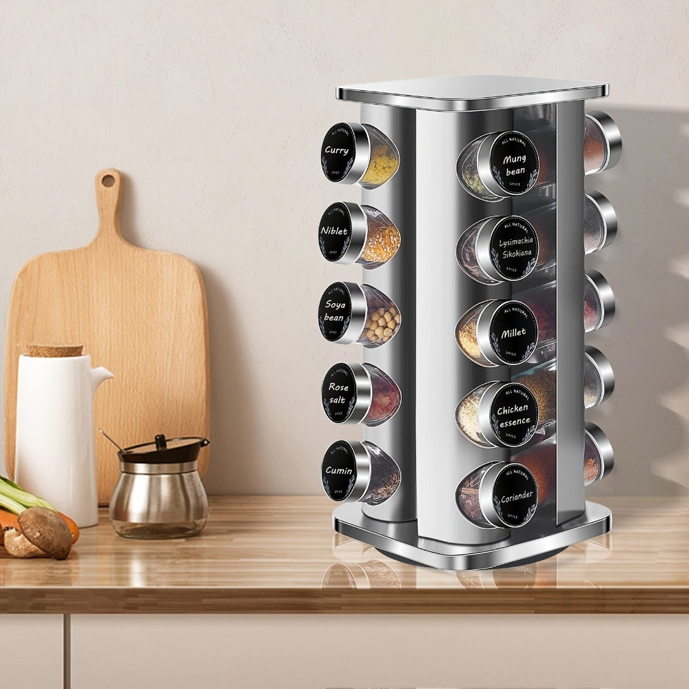 Miorkly Estante de Especias Cuadrado con 12/20 Tarros, Carrusel Giratorio 360° en Acero Inoxidable para Organizar Condimentos, Soporte Vertical y Dispensadores Incluidos