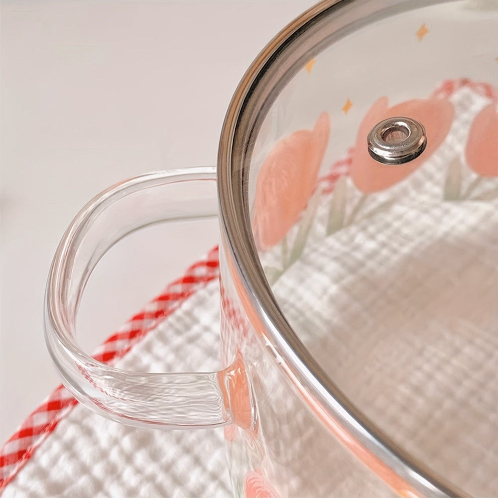 1 pieza de olla de vidrio con estampado de tulipán para sopa, 1500ml/50.7oz. Hecha de vidrio de borosilicato, adecuada para estufas de gas, estufas portátiles, estufas de cartucho, cerámicas eléctricas, no apta para cocinas por inducción, ollita pequeña c