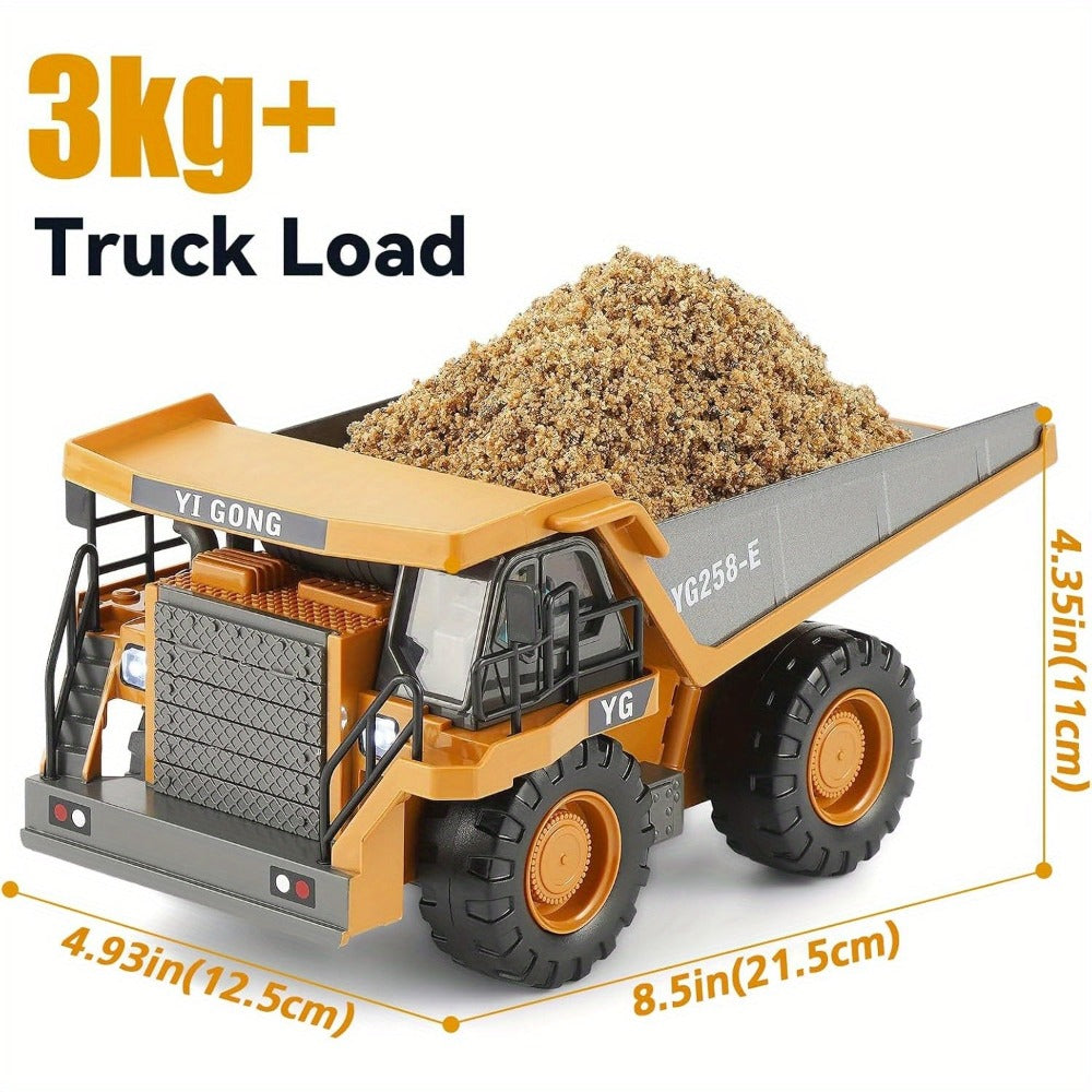 Camión volquete con control remoto, excavadora RC, vehículo de construcción para niños con 9 canales, cama de metal con luz, camión de basura eléctrico de juguete