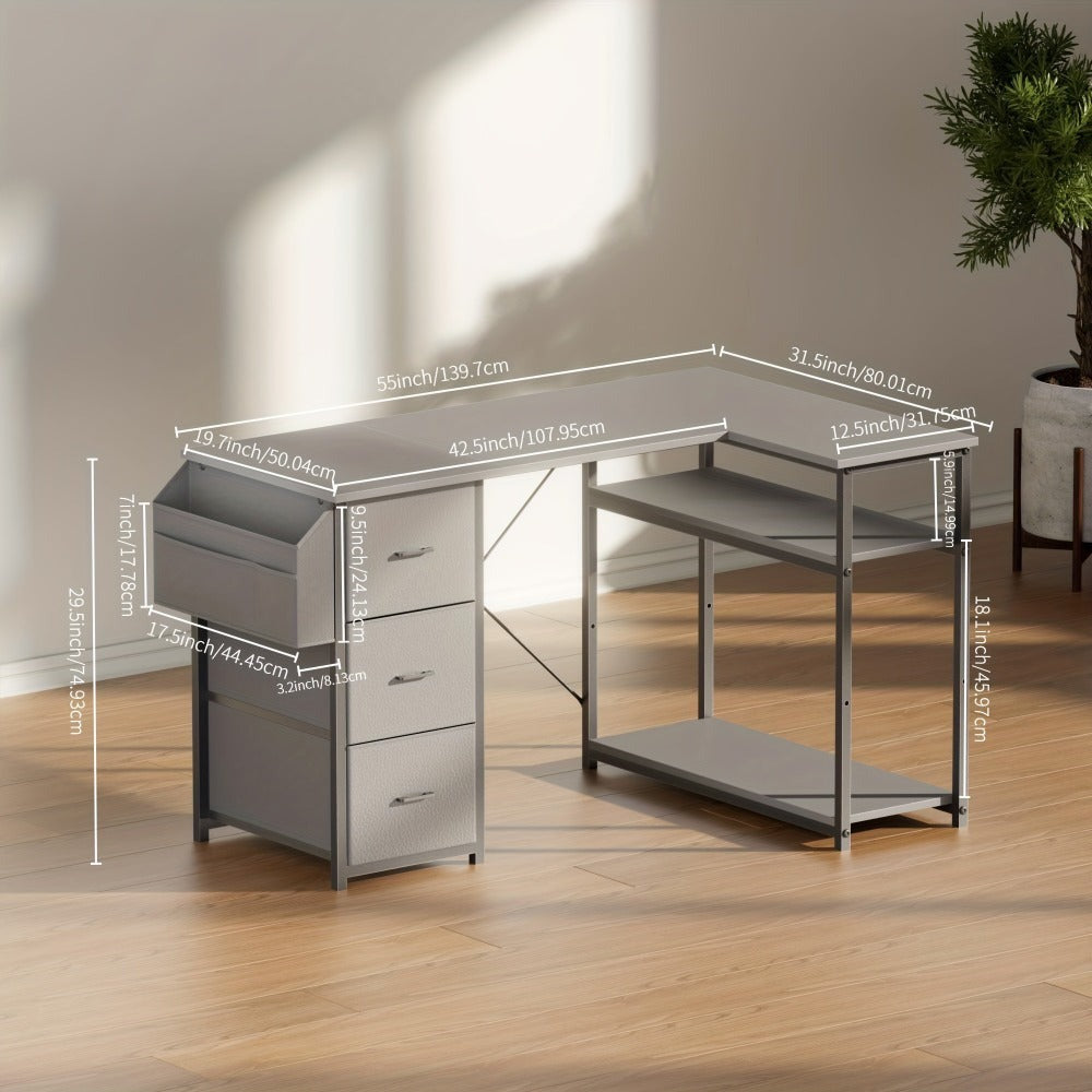 Escritorio Furnishia para Computadora con Bolsillos Laterales, Escritorio Gaming con Cajones y Bolsa de Almacenamiento, Escritorio de Esquina con Estante de Dos Niveles para Dormitorio, Estación de Trabajo, Oficina