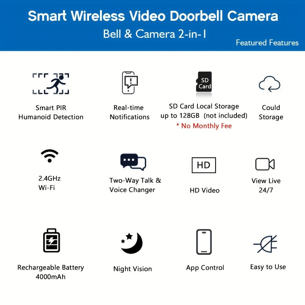 Timbre sin varillas, timbre de video inteligente, cámara de timbre inalámbrica con detección de personas PIR, timbre de seguridad WiFi con cámara, audio bidireccional, cambio de voz, foto y grabación, visión nocturna, timbre de video con 60 tonos, 5 nivel