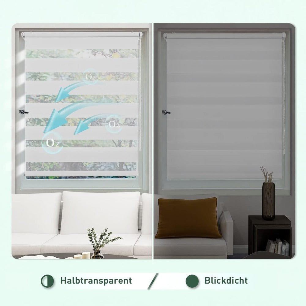 Persiana enrollable Sekey sin taladro, altura ajustable infinitamente con transparencia y blackout, para ventanas de 45-90cm, blanco/blanco.