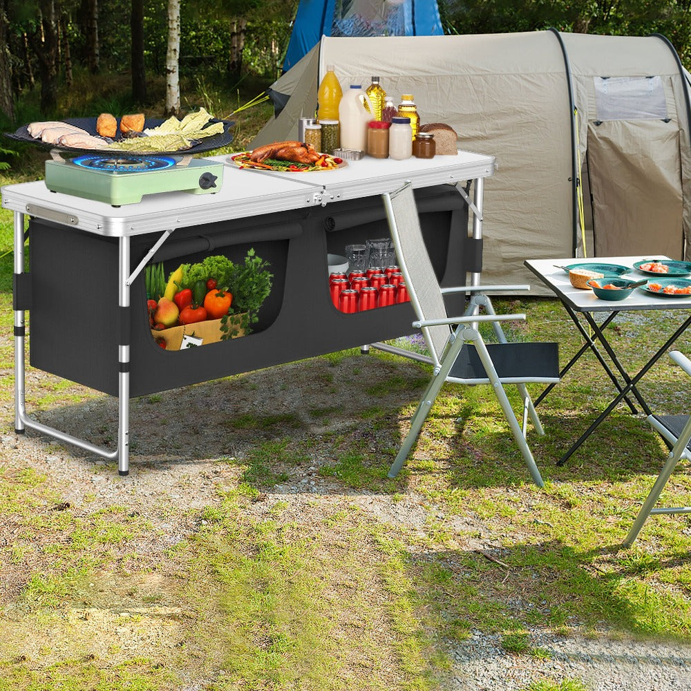Set de Cocina Portátil para Camping con Gabinete Plegable, Completo con Bolsa de Transporte y Estructura de Metal, Ideal para Picnics, Salidas a la Playa, Viajes y Barbacoas, Mide 120X47X62Cm