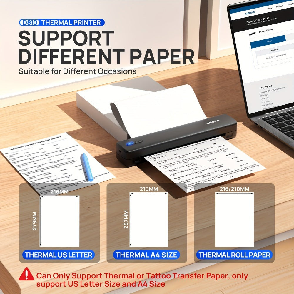 Impresora portátil sin tinta D810B, impresora inalámbrica de viaje, máquina térmica para tatuajes, compatible con papel térmico A4 y carta estadounidense, compatible con teléfonos móviles y portátiles, adecuada para negocios, viajes, oficina y hogar