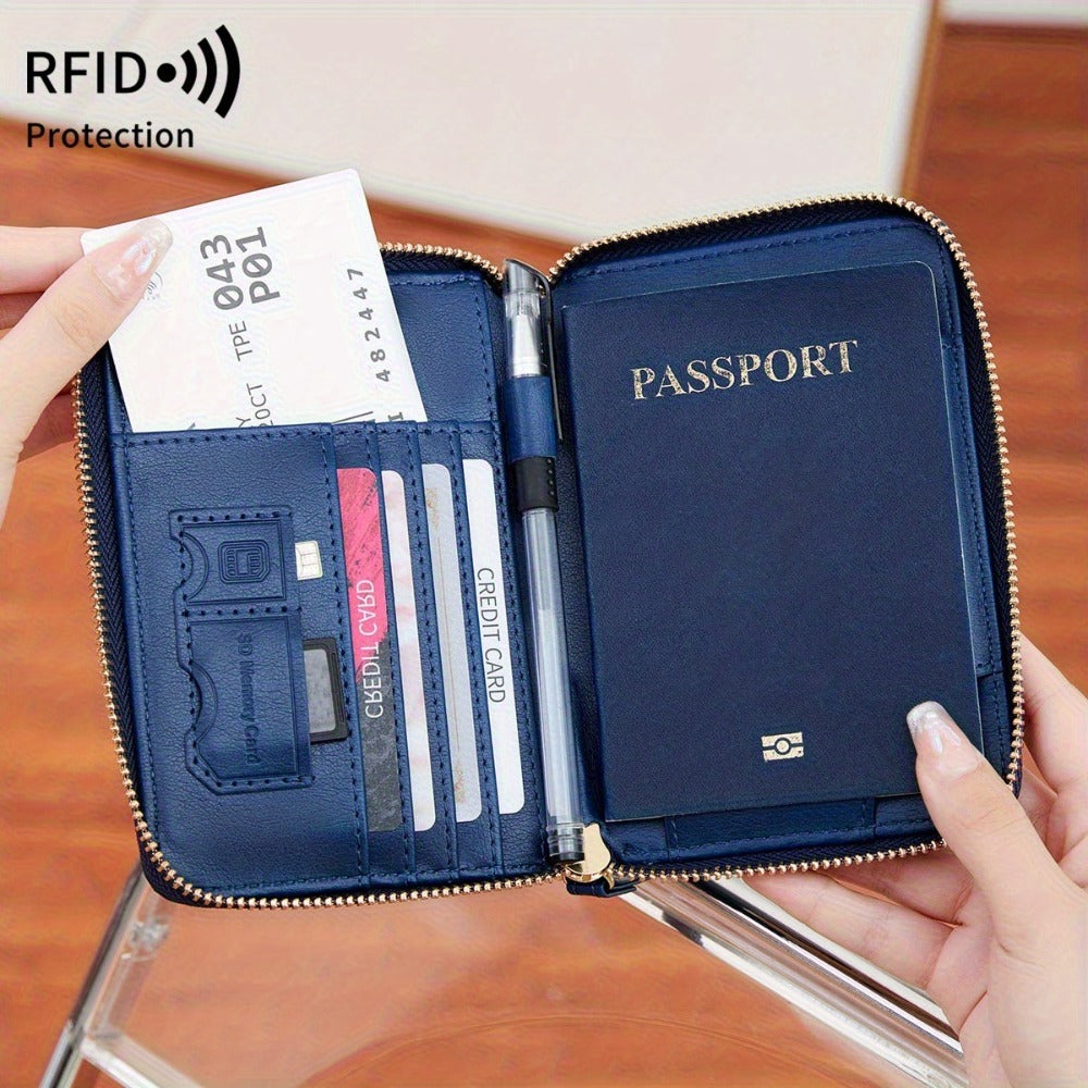 Portapassaporte RFID con cremallera y correa de muñeca, bolsa de almacenamiento multifuncional portátil para viajes, pasaporte y documentos, tarjetero