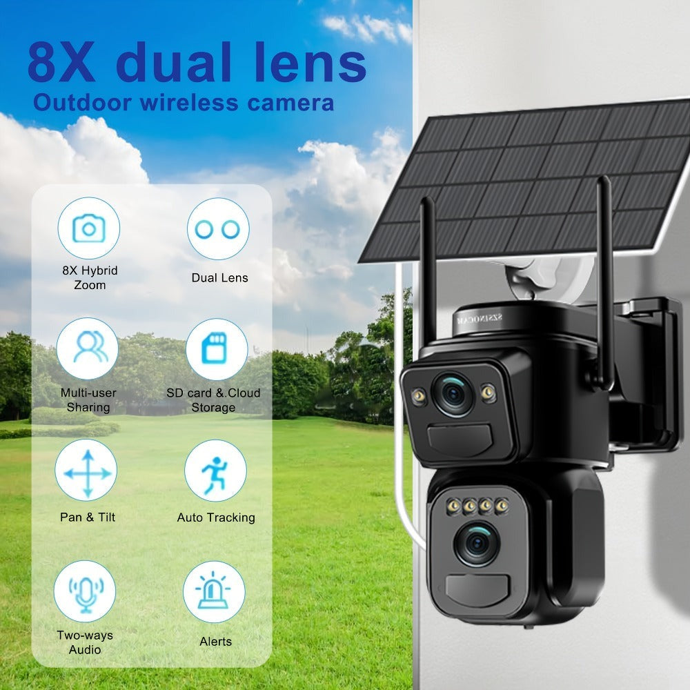 1pc [8x Zoom] WiFi CCTV, Nueva Lente Dual 2025 – PTZ + Cobertura Fija – Baby Monitor, Montaje en Techo/Mástil, 360° Smart Automático Seguimiento Humano, Listo para Granjas y Familias, Sin Zonas Ciegas – 2 Lentes al Precio de 1, Cámara de Seguridad Solar W