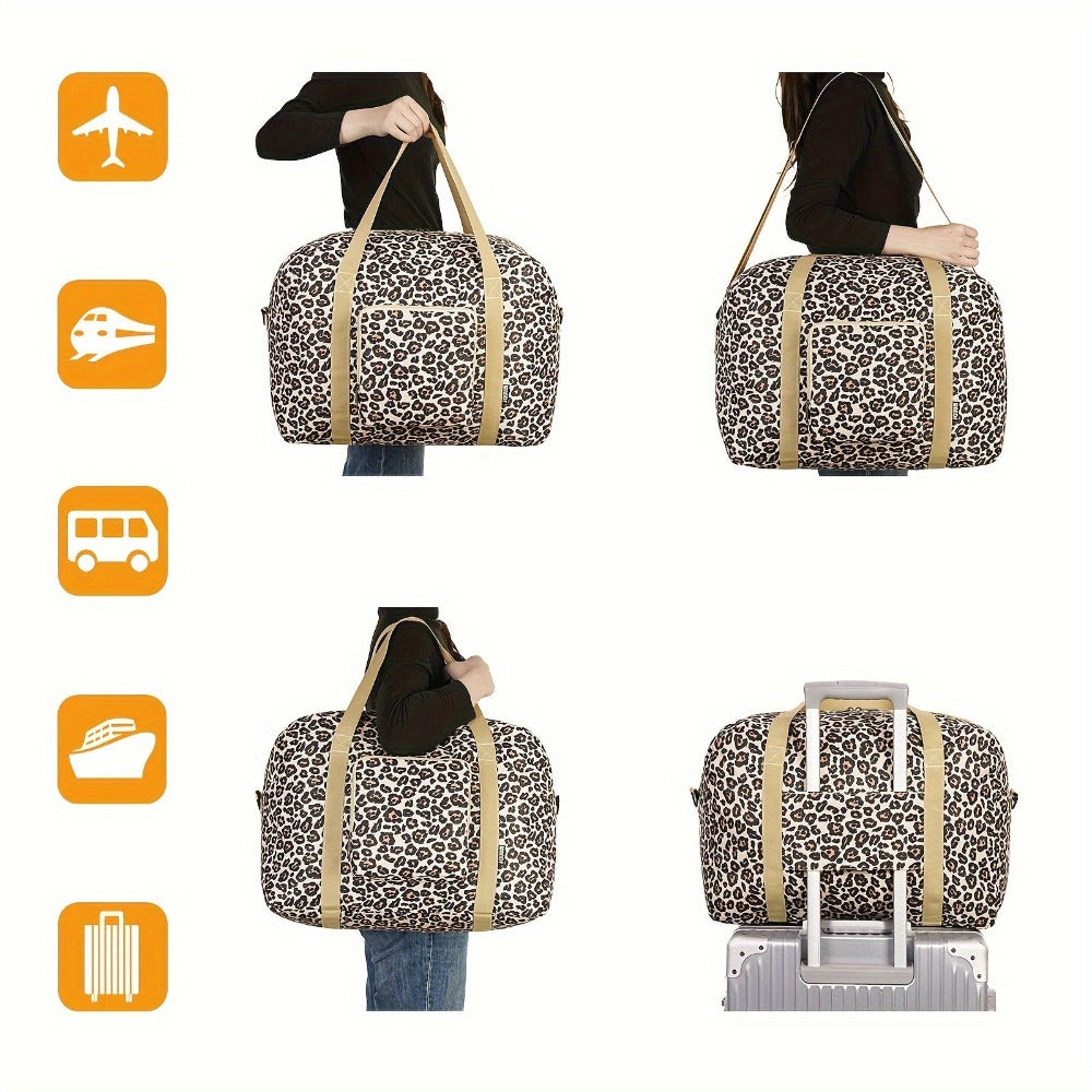 Imprescindible para viajes 2025: Bolso Duffel plegable aprobado por aerolíneas (18X14X8) con diseño de leopardo, equipaje de mano Tsa para hombres y mujeres, perfecto para escapadas de fin de semana