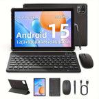 Tablets | Tableta Android 15 de 10.1 pulgadas, 12(3+9)GB RAM, 64GB ROM, con teclado, ratón, lápiz óptico y funda protectora, pantalla IPS de