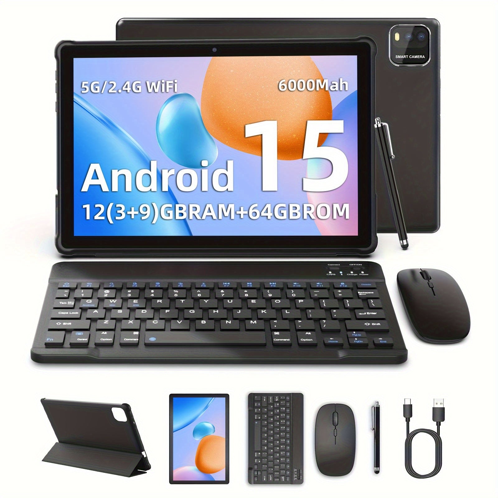 Tablets | Tableta Android 15 de 10.1 pulgadas, 12(3+9)GB RAM, 64GB ROM, con teclado, ratón, lápiz óptico y funda protectora, pantalla IPS de