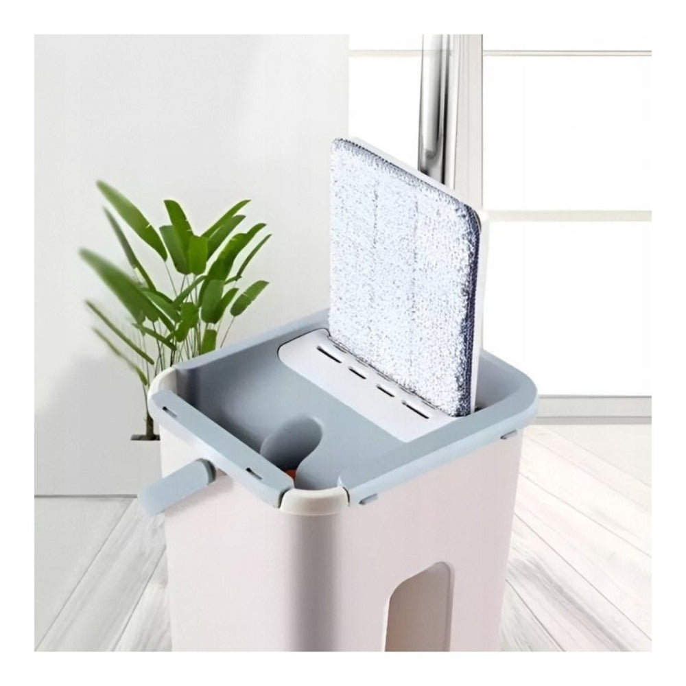 Juego de mopa plana con escurridor, cubo de dos compartimentos + 2 almohadillas de microfibra. Sistema de lavado y secado para limpieza y secado sin mojarse las manos. Cubo de 2 compartimentos con capacidad de 9L y tapones de drenaje. Cabezal giratorio de