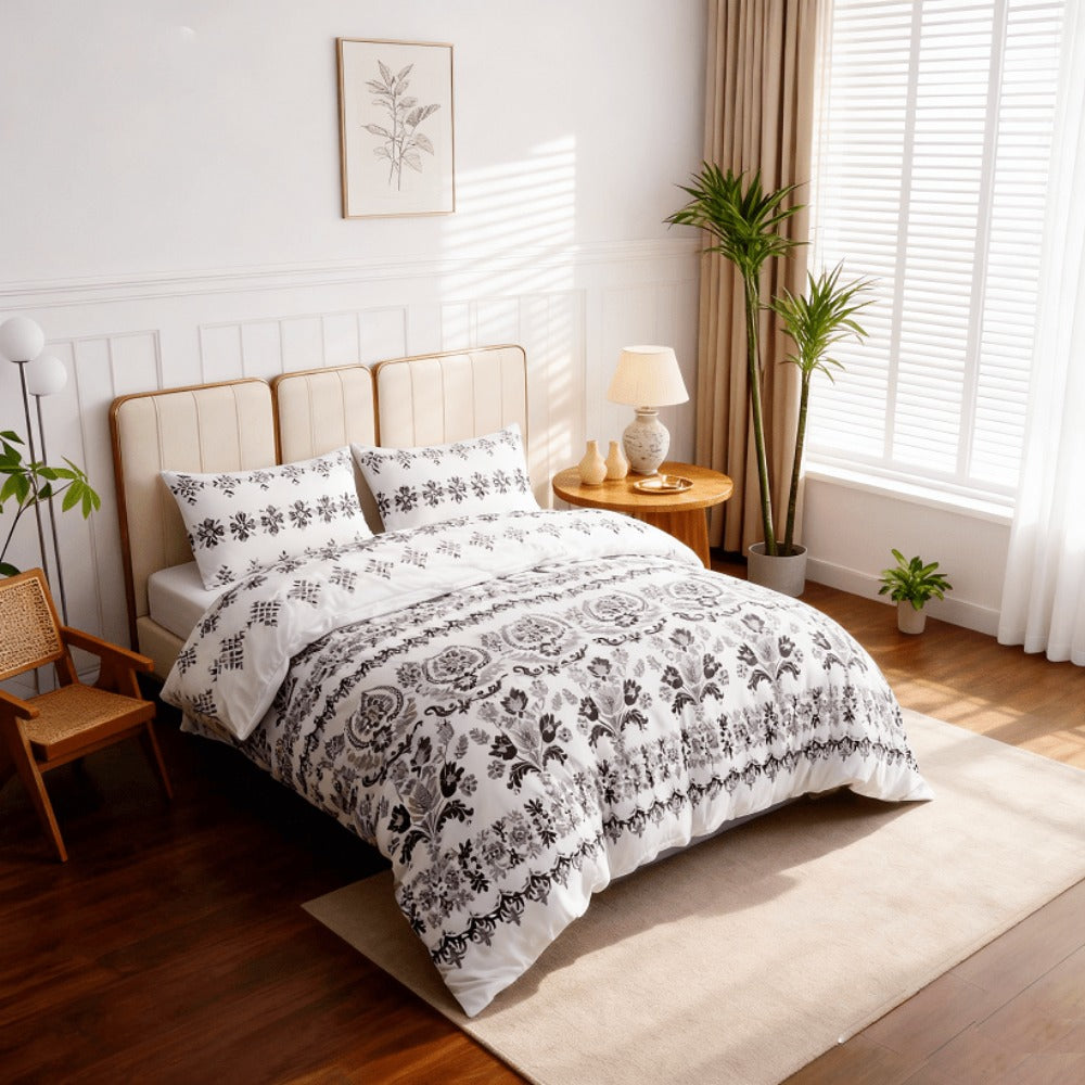 Juego de cama 4 piezas con funda elástica, (Funda de Edredón + Funda Protectora de Colchón + 1/2 Fundas de Almohada), Juego de Funda de Edredón 3-4 Piezas Estilo Nórdico de Color Sólido/Estampado, Ajustable para Camas de 90/105/135/150/180 cm, Regalo Navi