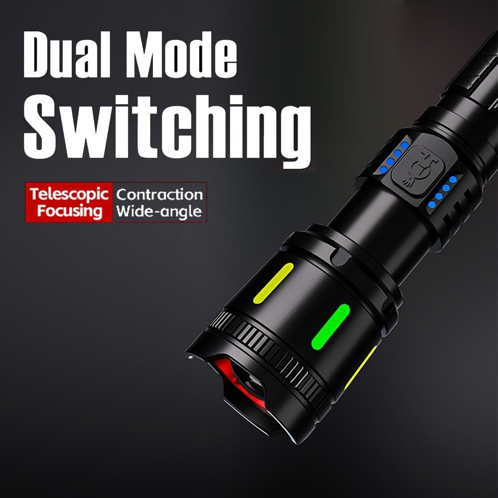 Una potente linterna recargable de alto brillo, con un diseño LED portátil zoomable, cuatro modos de iluminación y un display electrónico inteligente. Ideal para camping, emergencias en el hogar, caza, senderismo y pesca.