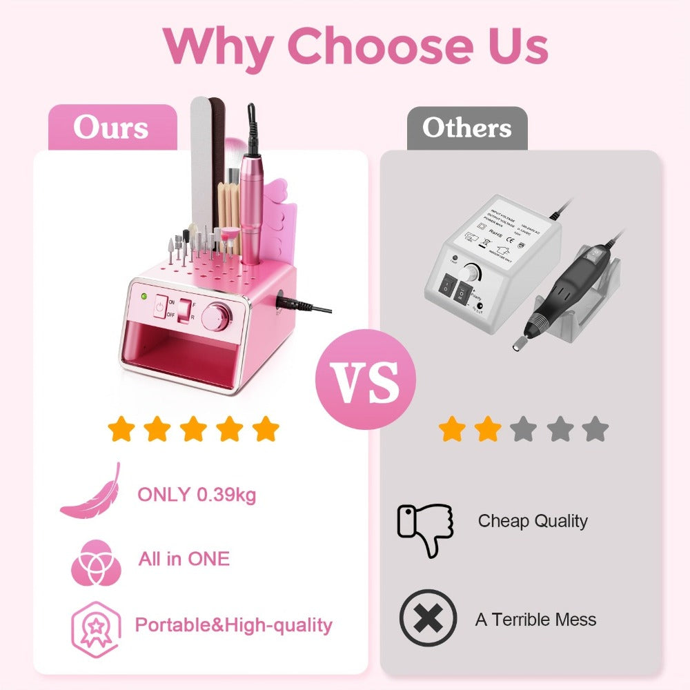 Kit Portátil de Lima Eléctrica para Uñas con 20,000 RPM, Múltiples Brocas y Tiras Pulidoras Para Remover Acrílico o Gel en Salón u Hogar - Rosa