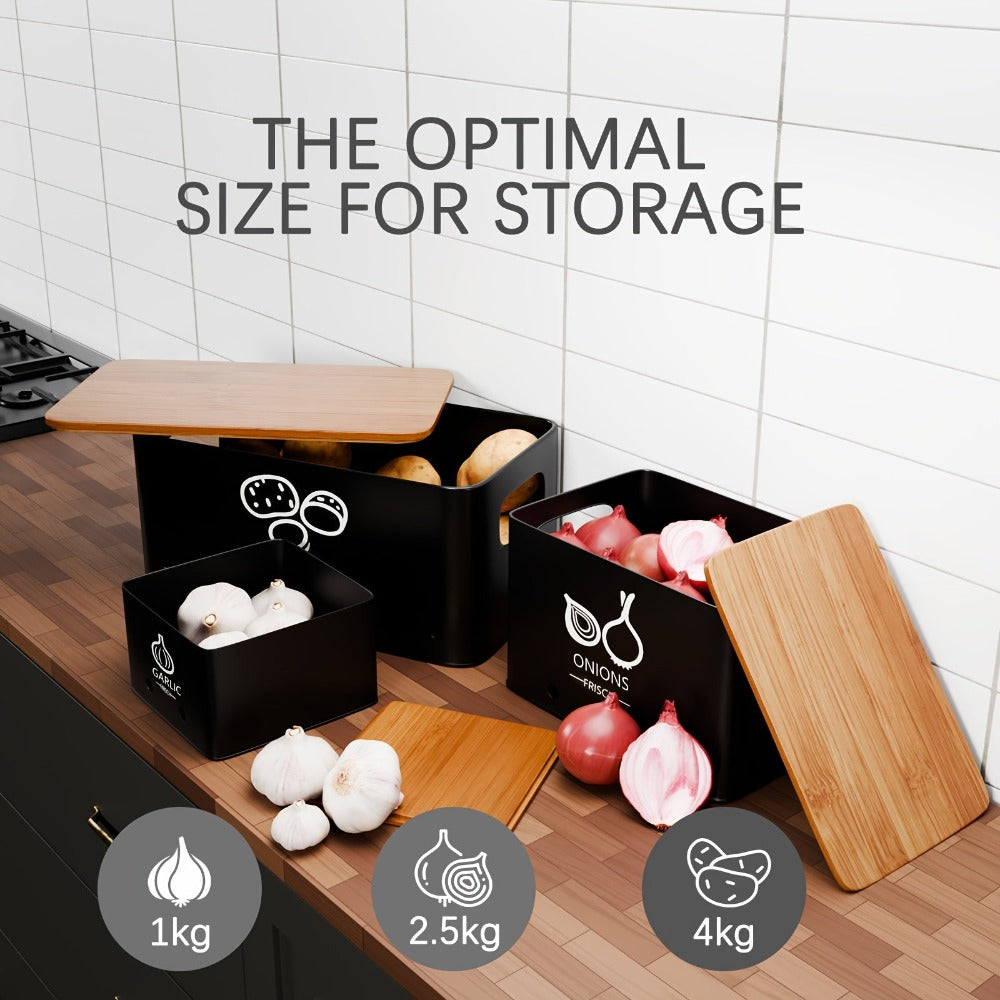 3 Piezas Caja de Almacenamiento de Verduras, Tarro para Patatas, Cebollas y Ajos, Crisper de Metal para Verduras, Organizador de Alimentos para Cocina y Despensa