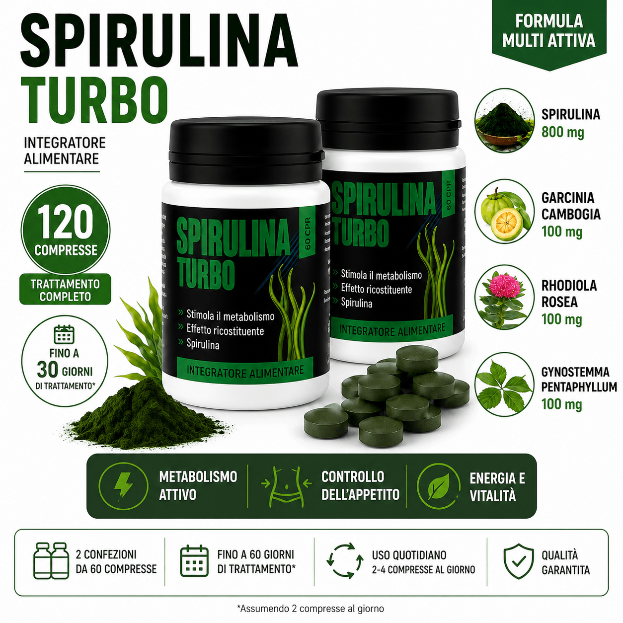 Spirulina Turbo – Suplemento Dietético a Base de Espirulina – 60 Tabletas Veganas de 500 mg – Apoyo para la Rutina Diaria y el Bienestar