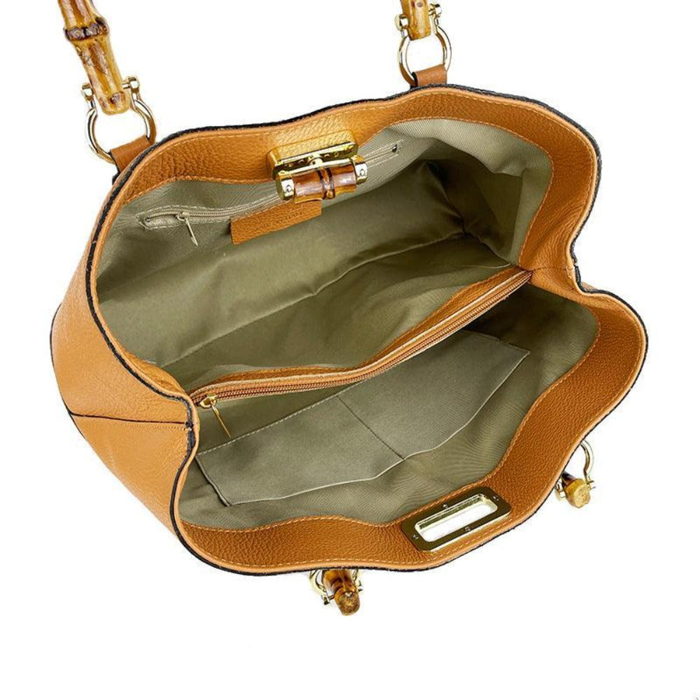 Bolso de cuero real con asas de bambú hecho en Italia, bolso de mujer, bolso de bambú de cuero