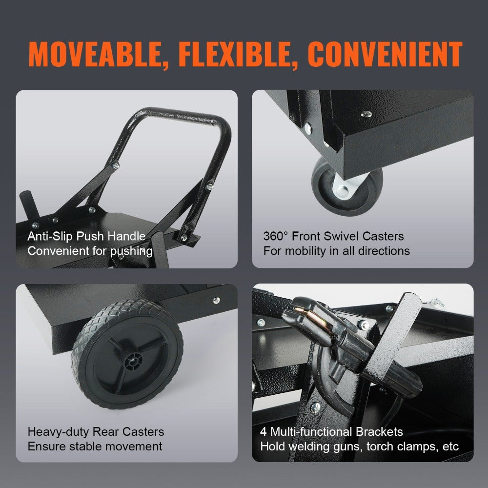 Carro para soldar VEVOR de 3 niveles con gran capacidad de carga de 400 libras, ruedas giratorias de 360°, cadenas de seguridad para almacenamiento de tanques, carro para soldar MIG con ruedas para máquinas de soldar TIG, ARC, MMA y cortadoras de plasma