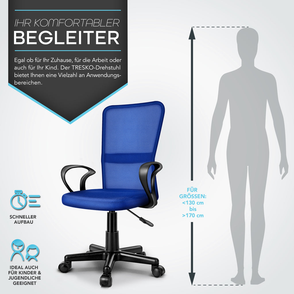 Silla de Oficina TRESKO® con Reposabrazos, Altura Ajustable Continua | Silla Giratoria de Malla Transpirable | Silla de Escritorio con Ruedas de Plástico Ligeras, Superficie Acolchada, Ajuste Ergonómico | Silla de Ordenador Ideal para Oficina en Casa, Hab