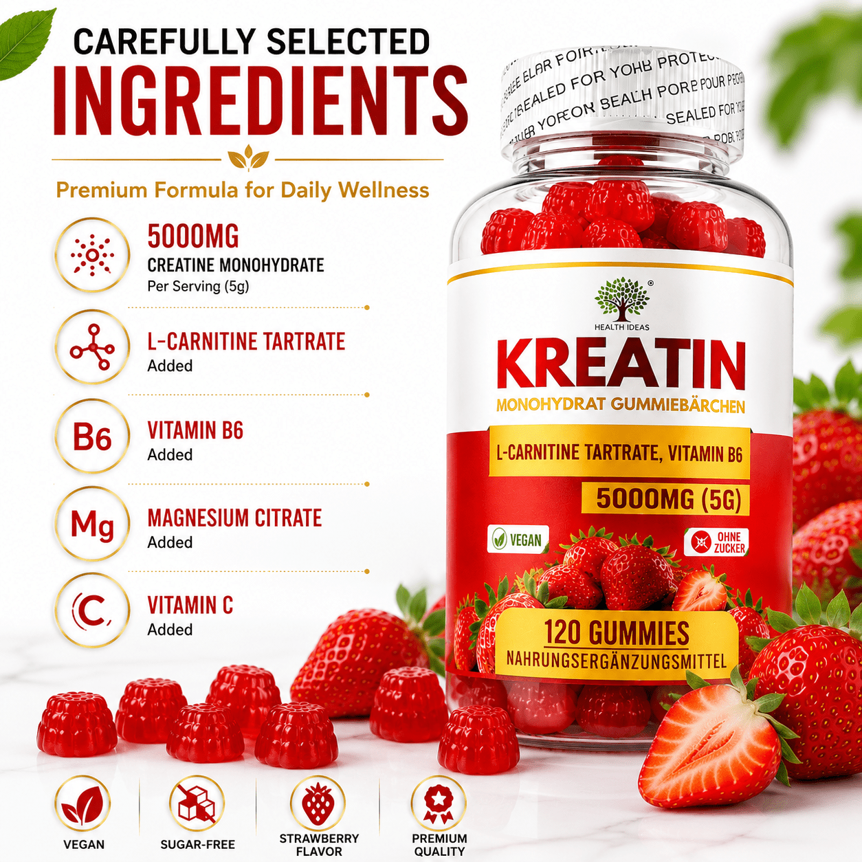 Creatina Monohidrato Gomas de Fresa 5000mg (5g) por Porción – 120 Gomas de Fresa Veganas – Con Tartrato de L-Carnitina y Vitamina B6 – Suplemento Alimenticio Sin Azúcar para Adultos – Fórmula Diaria Fácil de Masticar – Alternativa Conveniente a las Polvos