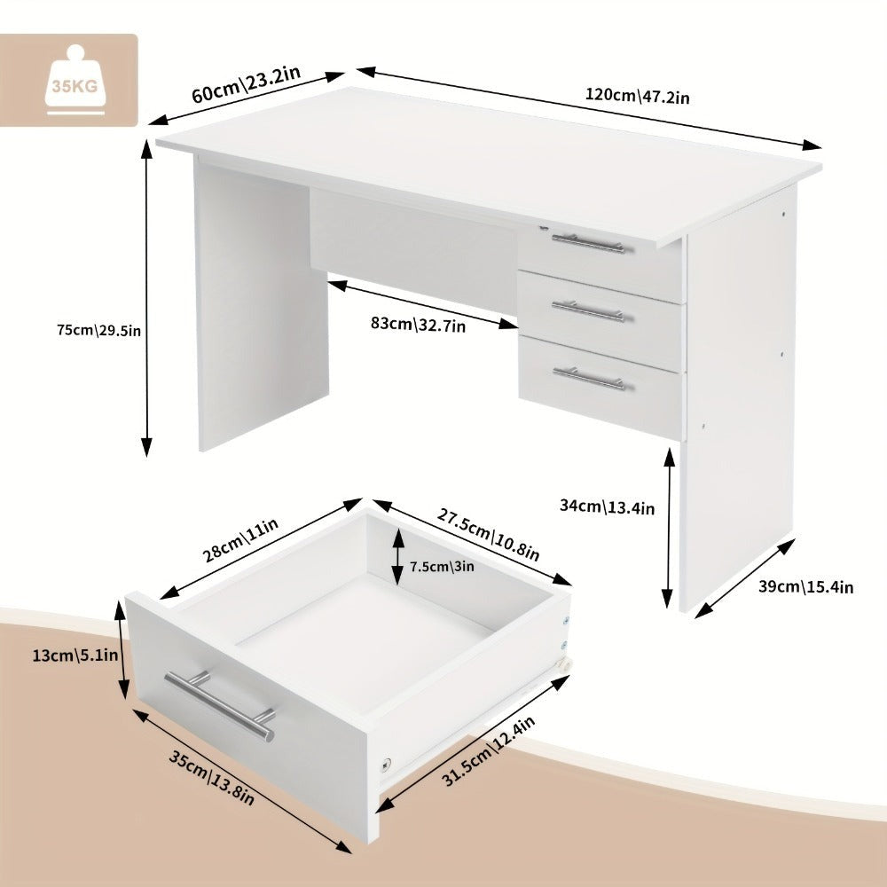 1pc Escritorio de Oficina 120x60cm, Mesa para Computadora con 3 Cajones, Banco de Trabajo Ergonómico, Adecuado para Oficinas, Dormitorios y Estudios