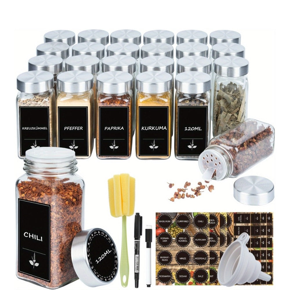 Juego de tarros para especias cuadrados Soontrans [12/24 piezas] con tapa, tarros para especias de 120 ml, agitadores de especias con pegatinas vacías, cepillo de limpieza, colador