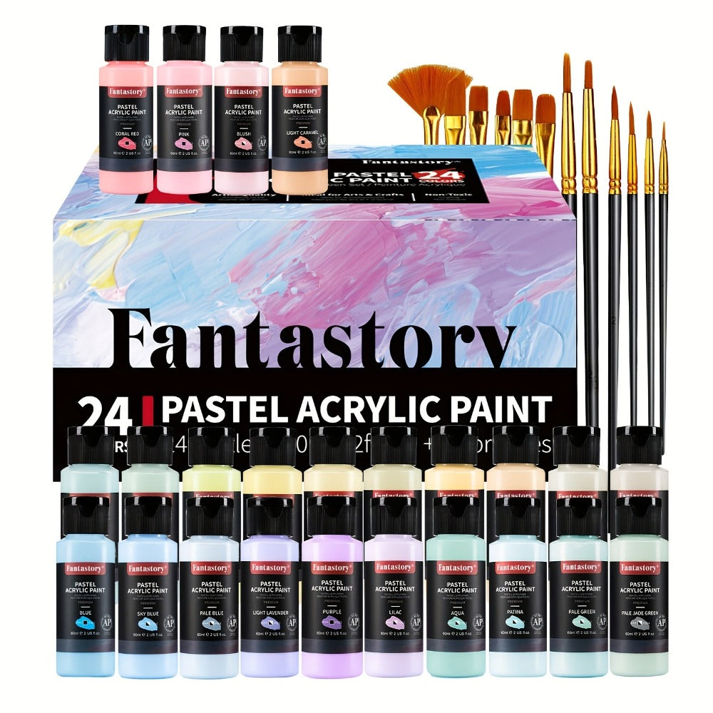 Set de pinturas acrílicas iridiscentes Fantastory, 24 colores iridiscentes (2 oz), kit de pintura profesional para manualidades, lienzo, roca, piedra, cerámica, maqueta, pintura sobre madera con 10 pinceles, decoración de Halloween, otoño, Navidad