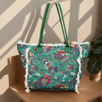 MEJORADA Bolso de Playa Grande con Estampado Colorido y Flecos, Estilo Tote con Forro Interior, Tamaño 55x35x20 cm - Ideal para Playa, Piscina y Viajes