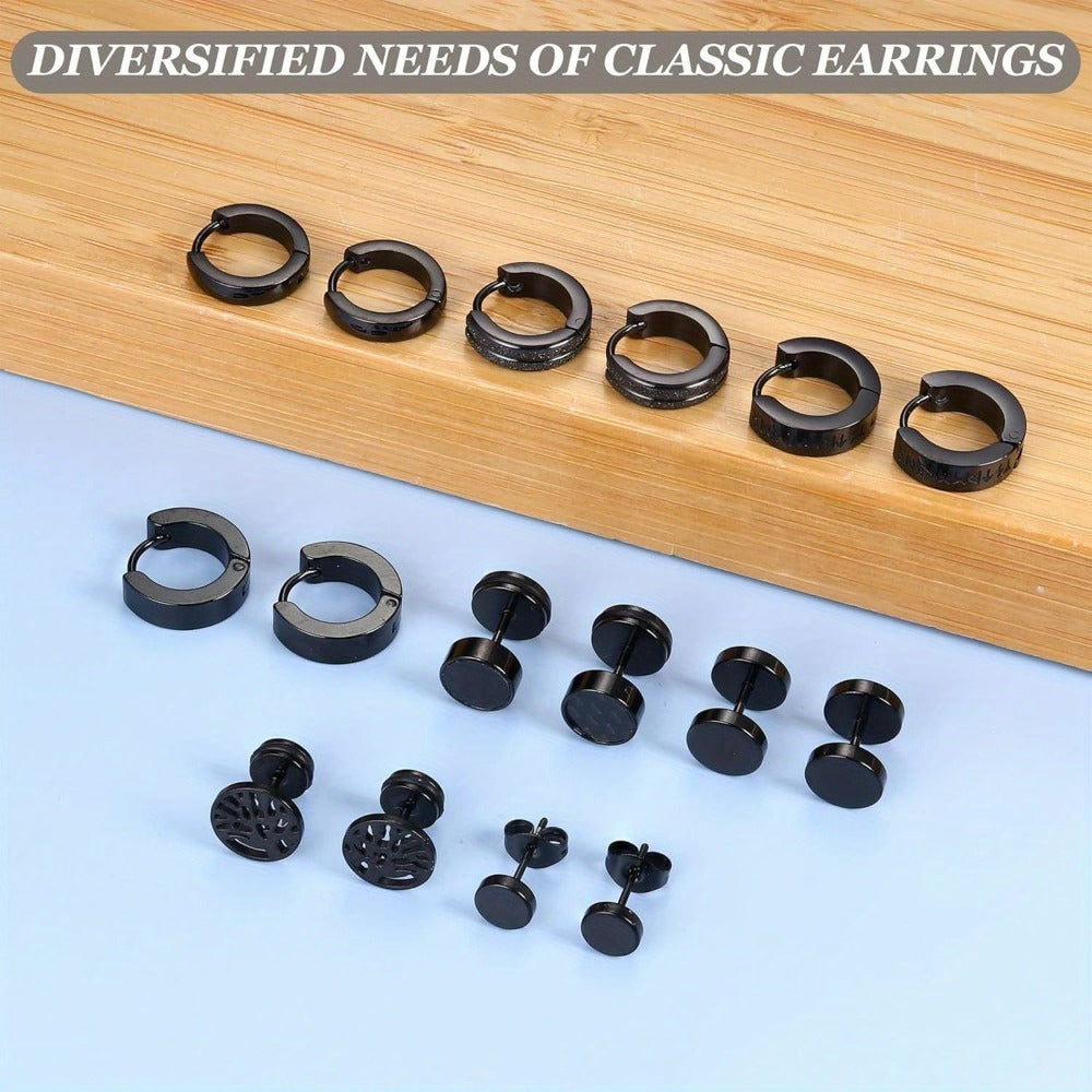 8 Pares de Aretes Negros para Hombre, Aretes de Acero Inoxidable 316L Hipoalergénicos para Pendientes de Piercing, Aretes de Aro Negros para Hombre