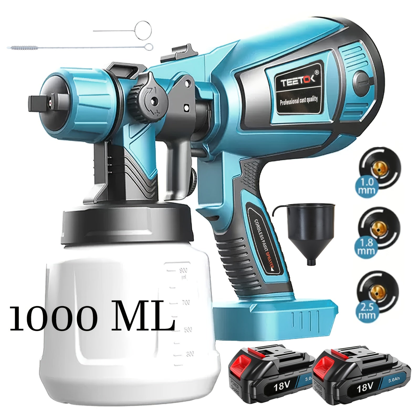 Pistola de pintura sin cables, con 2 baterías de 3000mAh y cargador, 3 boquillas, pistola de pintura para cercas de 300W con recipiente de 1000ml para paredes y techos, muebles de jardín, cobertizos