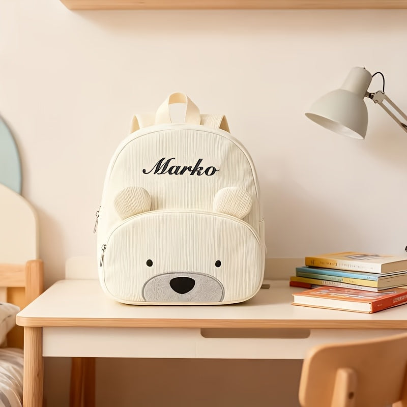 Mochila de Pana con Bordado de Oso Personalizado - Bolso de Hombro Ajustable para Mujeres, Ligero y Transpirable, con Opción de Nombre Personalizado, Forro de Nylon Duradero, Ideal para Regalos de Vuelta al Colegio y Viajes