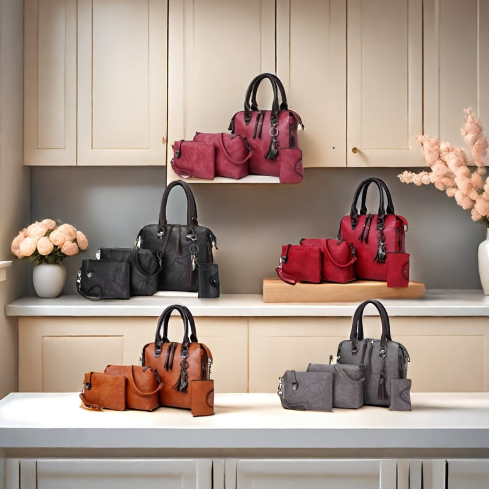 Conjunto de 4 piezas de bolsos para mujer, moderno y versátil, incluye bolso tote retro, bolso cruzado de hombro, bolso de mano, billetera, bolso tote grande de PU con cera de aceite, borlas, ideal para el día a día, viajes y como regalo
