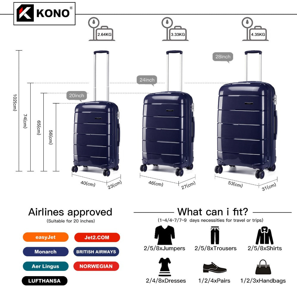 Juego de 3 maletas de carcasa rígida color azul marino, maleta de viaje con 4 ruedas, candado TSA y cremalleras YKK, maleta con ruedas de polipropileno, azul oscuro, maleta ligera de polipropileno de 4 ruedas con carcasa rígida y candado TSA, regalo de re