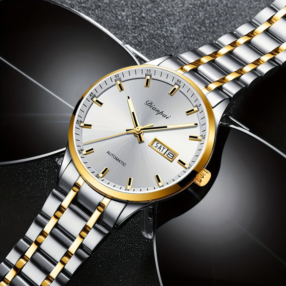 Un reloj de hombre tradicional y sofisticado con un calendario luminoso, fabricado con una correa de acero inoxidable, lo que lo convierte en un regalo ideal para hombres. El reloj mecánico automático Dianpai para negocios, sin batería.
