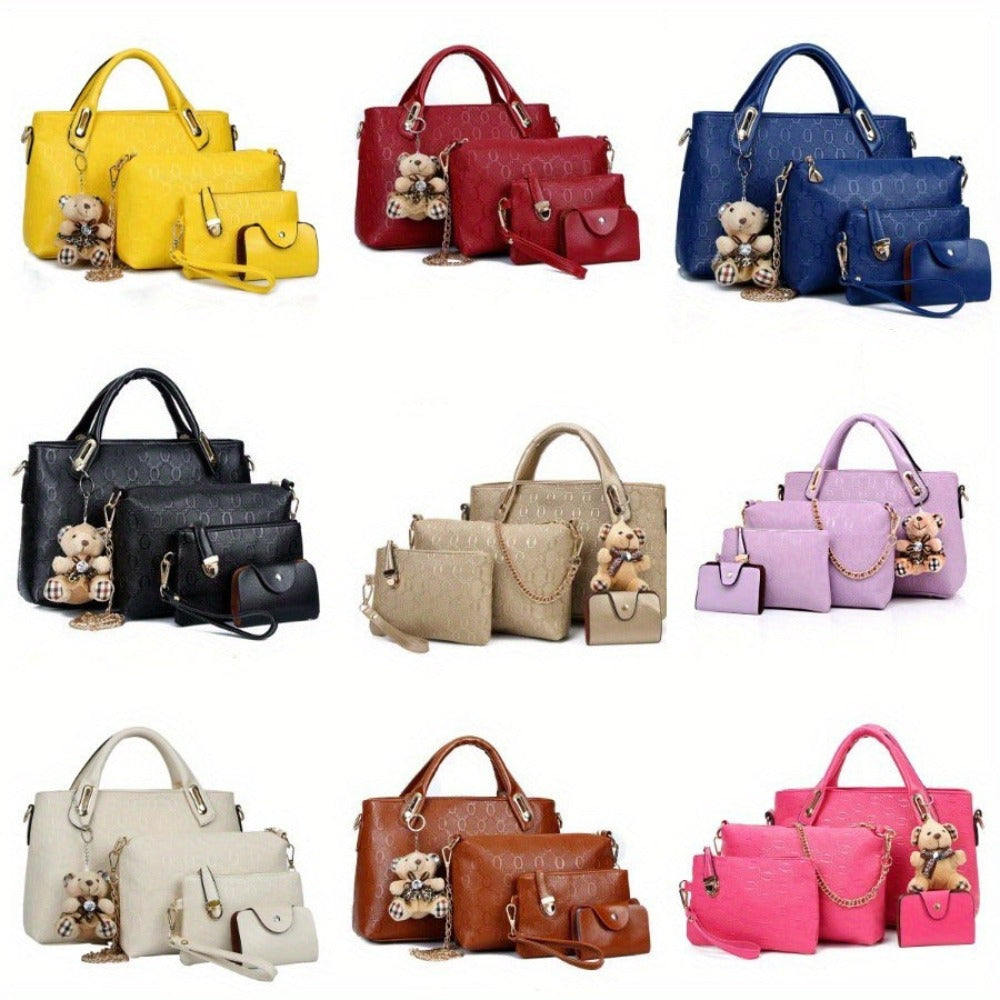 Juego de 4 piezas de bolso para mujer de moda retro con relieve, bolso tote simple de gran capacidad, bolso cruzado casual y versátil de un solo hombro, un colgante de oso al azar, bolso de mano portátil, monedero, adecuado para desplazamientos diarios, v