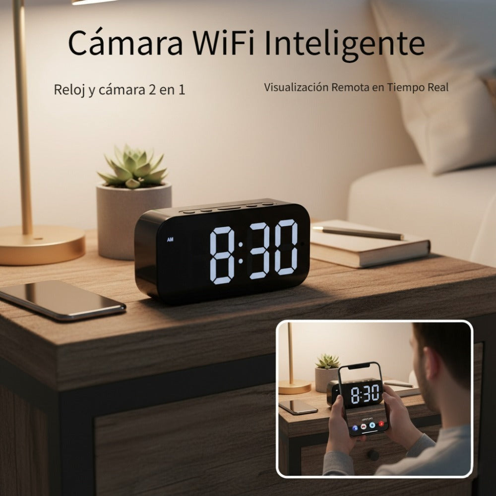 Cámara con reloj digital 1080P FHD, cámara de seguridad con tarjeta SD de 32 GB, punto de acceso AP y WiFi6, visualización remota en tiempo real, almacenamiento local, detección de movimiento, para uso en interiores en hogar, oficina y tienda inteligentes