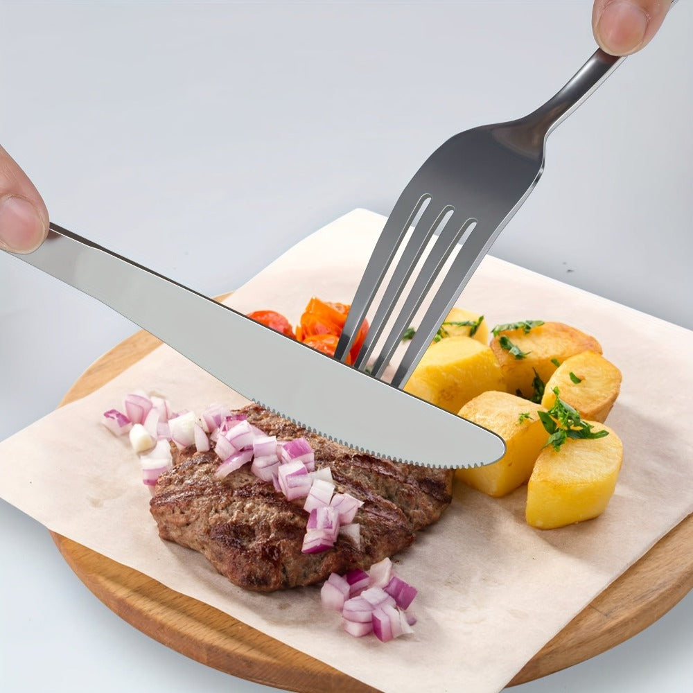 Juego de 30 piezas de cubertería de acero inoxidable plateado para 6 personas. Vajilla de alta calidad con cuchillos, tenedores y cucharas. Juego de cubertería para hotel, fiesta, boda, hogar, cocina, restaurante, exterior. Muy pulido, mango ergonómico. L
