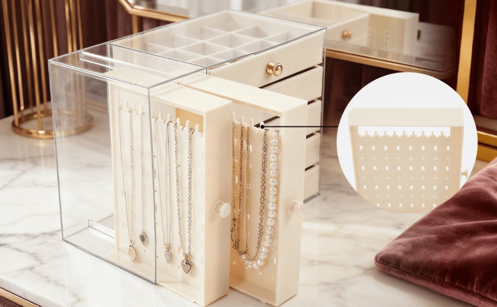 Caja de almacenamiento de joyas de gran capacidad con cajones y puerta lateral transparente, organizador multicapa para aretes, collares, anillos y pulseras, elegante solución de almacenamiento para tocador, joyeros