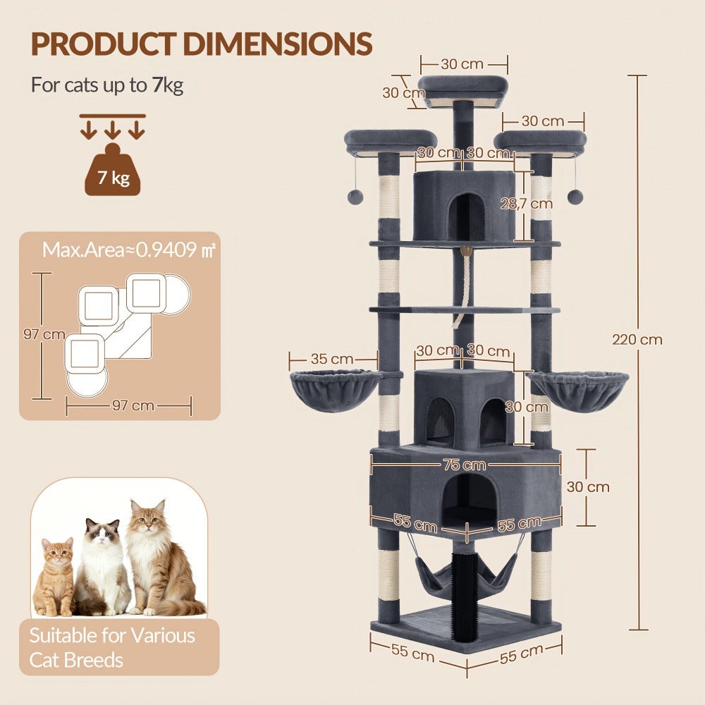 Árbol para gatos de 220 cm de varias capas con 3 casitas para gatos, 3 plataformas, 3 hamacas, 8 postes de sisal, 1 bola de pelo y 1 cuerda de sisal