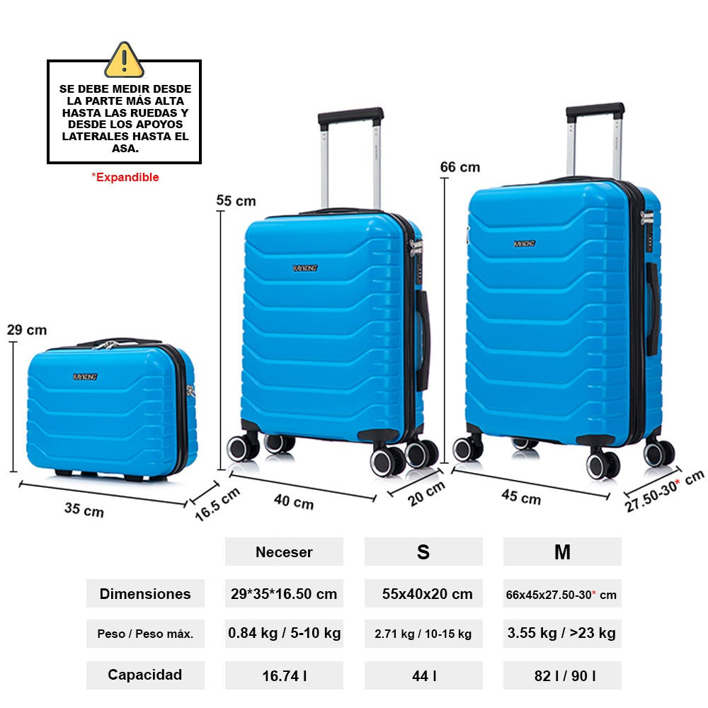 Juego de 3 Maletas 55x40x20cm ABS+Policarbonato | Maleta Mediana Expandible 66x45x27.50 - 30cm Extendido - 23kg | Neceser 29cm | Semirrígida trolley 4 ruedas giratorios a 360º cierre numérico - Negro/AzulMarino/RosaDorado/Turquesa/Menta/Verde/Amarillo/Ros