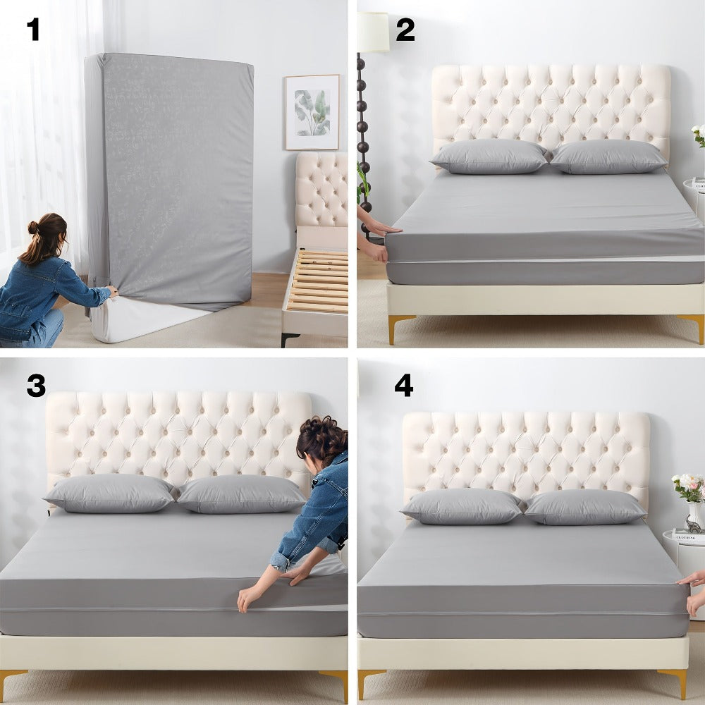 Funda de colchón con cremallera 100% impermeable que envuelve completamente el colchón en las seis caras, con un lujoso diseño para protección contra el polvo y líquidos, apta para colchones de alturas de 15/20/25/30 cm, disponible en blanco/gris.