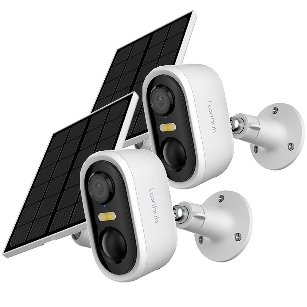 Cámara de seguridad inalámbrica con panel solar para exteriores LaxiHub, visión nocturna FHD de 3MP, foco, batería sin cables de 5200mAh, detección humana PIR, audio bidireccional, almacenamiento en tarjeta SD/nube, cámara de visión nocturna a color, cáma