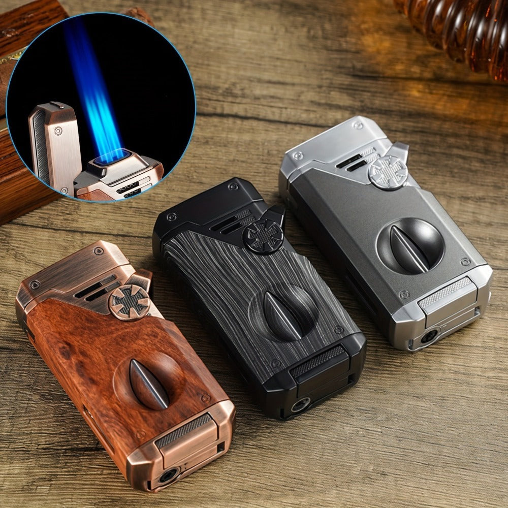Encendedor de metal 5 en 1 con llama azul cuádruple, a prueba de viento, recargable con butano, para cigarros. Incluye cortador de cigarro, punzón, horquilla anti-escaldaduras y tapa con soporte.